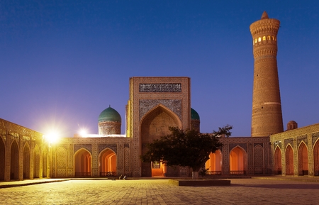 BUKHARA, UZBEKISTAN, 16 JUNE 2013 - Night view of Kalon mosque and minaret - Bukhara - Uzbekistanのeditorial素材