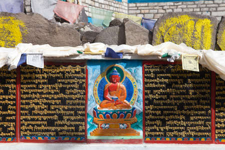 buddhist mani prayer wall on the way to Everest base camp with buddhist tibetan symbols and prayer flags, Khumbu valley, Sagarmatha national park, Nepalの写真素材