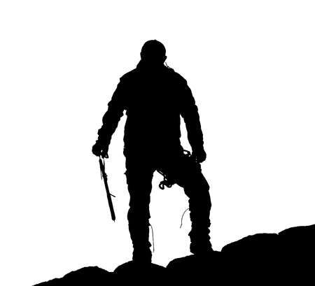 black silhouette of climber with ice axe in hand on the white backgroundの写真素材