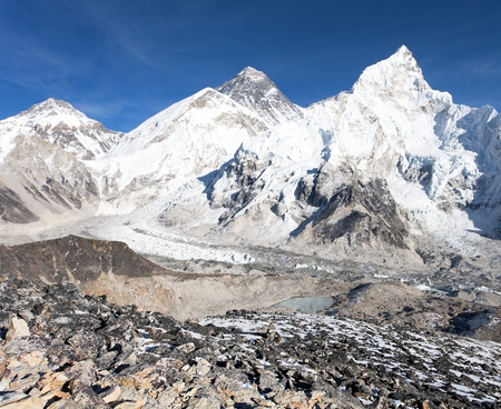 panoramic view of Mount Everest with beautiful sky and Khumbu Glacier - Khumbu valley - Nepalの写真素材