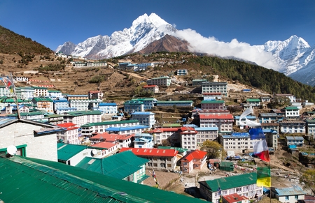 View of Namche bazar and mount thamserku - way to everest base camp, Khumbu valley, Sagarmatha national park, Solukhumbu, Nepalの写真素材