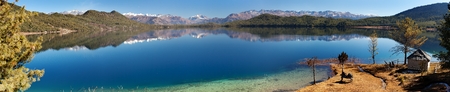 panoramic view of Rara Daha or Mahendra Tal Lake - Rara trek - West Nepalの写真素材