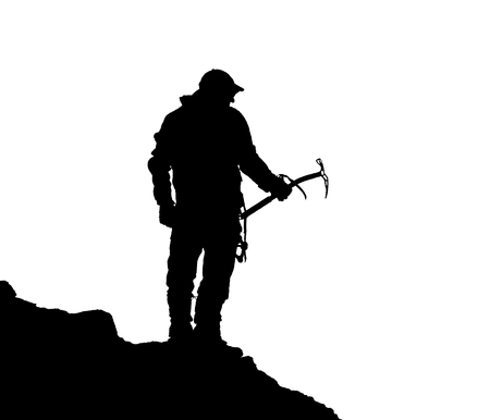 black silhouette of climber with ice axe in hand on the white backgroundの写真素材