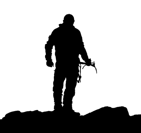 black silhouette of climber with ice axe in hand on the white backgroundの写真素材