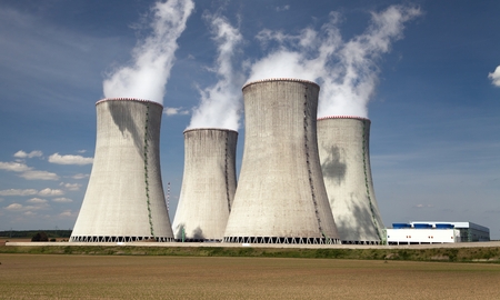 Nuclear power plant Dukovany - cooling towers, field and beautiful sky - Czech Republicの写真素材