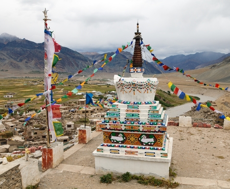 View of Stupa in Padum village Zanskar river and Padum monastery, center of Zanskar, Zanskar valley and Zanskar trel, Ladakh, Jammu and Kashmir, Indiaのeditorial素材