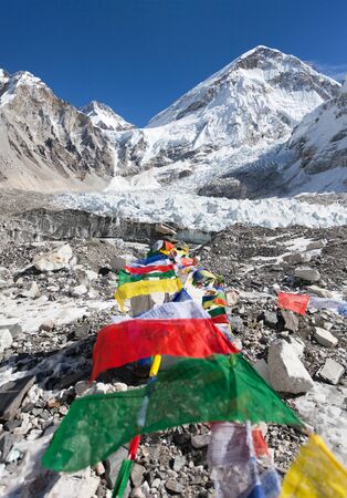 view from Mount Everest base camp with row of buddhist prayer flags - Sagarmatha national park - Khumbu valley - Nepalの写真素材
