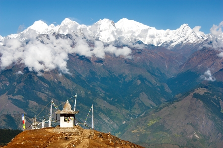 Panoramic view from Langtang to Ganesh Himal with stupa and prayer flags - Nepalの写真素材