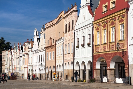 TELC, CZECH REPUBLIC, 28TH AUGUST 2015 - View from Telc town square with renaissance and baroque colorful houses, UNESCO town in Czech Republicのeditorial素材