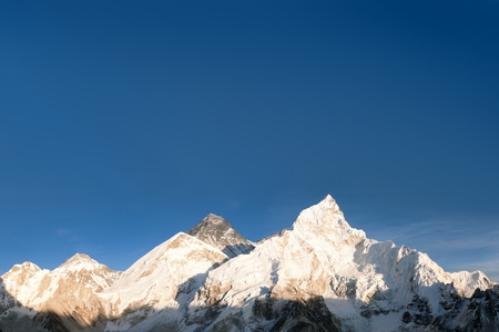Evening panoramic view of Mount Everest from Kala Patthar - Way to Everest base camp, Everest area, Sagarmatha national park, Khumbu valley, Nepalの写真素材
