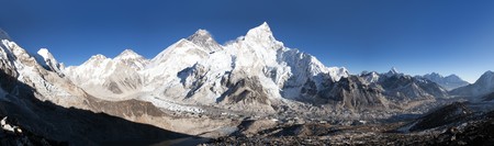 panoramic view of Mount Everest with beautiful sky and Khumbu Glacier - way to Everest base camp, Khumbu valley, Sagarmatha national park, Nepalの写真素材