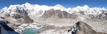 Beautiful panoramic view of Mount Cho Oyu and Cho Oyu base camp near mountain lakes, Everest, Lhotse, Ngozumba glacier and Gyazumba glacier - Sagarmatha national park, Khumbu valley, Nepalの写真素材