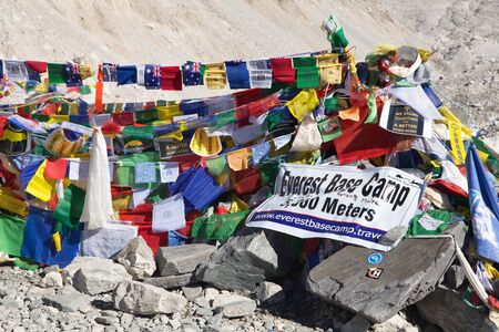 EVEREST BASE CAMP, NEPAL, 14th NOVEMBER 2014 - view from Mount Everest base camp with rows of buddhist prayer flags - sagarmatha national park, way to Everest base camp - Nepalのeditorial素材