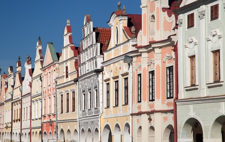 View from Telc town square with renaissance and baroque colorful houses, UNESCO town in Czech Republicの写真素材