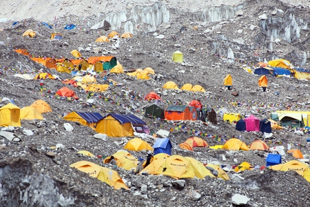 EVEREST BASE CAMP, NEPAL, 27th APRIL 2016 - View from Mount Everest base camp, tents and prayer flags, sagarmatha national park, trek to Everest base camp - Nepalのeditorial素材