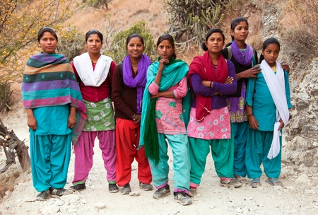 KOLTI VILLAGE, WESTERN NEPAL, 3rd DECEMBER 2013 - group of nepalese school young people near Kolti village in western Nepalのeditorial素材