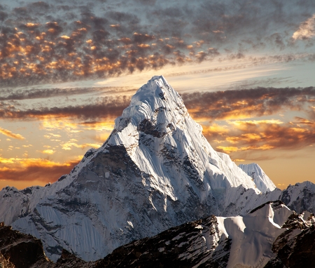 Evening panoramic view of mount Ama Dablam with beautiful sky on the way to Everest base camp, Khumbu valley, Sagarmatha national park, Everest area, Nepalの写真素材