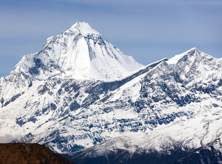 Mount Dhaulagiri, view of mount Dhaulagiri from Thorung La pass with beautiful sky, round Annapurna circuit trekking trail, Nepalの写真素材