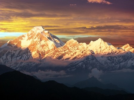 Mount Dhaulagiri, evening sunset view of mount Dhaulagiri, Himalayas, Nepalの写真素材