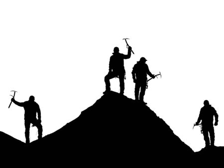 silhouette of four climbers with ice axe in hand on top of Mount Everest silhouette, black and white mountain vector illustration logoの写真素材