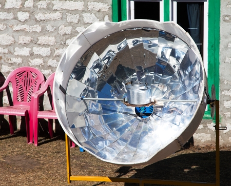 View of sunny solar cooker, Everest area, Nepal, ecology cookingの写真素材