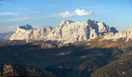 Evening panoramatic view of Fanes gruppe, Kreuzkofel gruppe, Piz de Lavarella, Conturinesspitze and Fanes, Alps lDolomites mountains, Italyの写真素材