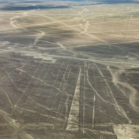 Nazca or Nasca mysterious lines and geoglyphs aerial view, landmark in Peruの写真素材