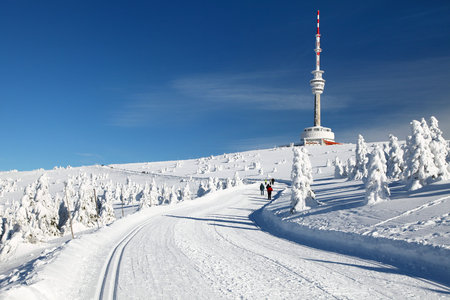ski trail or crosscountry skiing way on jesenik mountains and television transmitter mount praded -...
