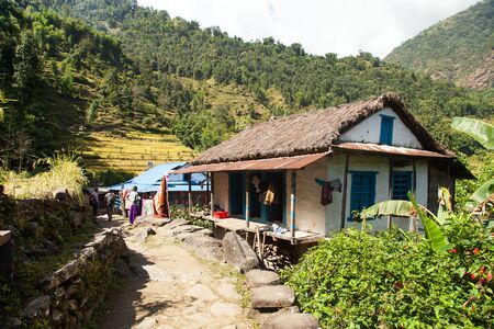 beautiful house home building in Nepal, Khumbu valley, Solukhumbu, Nepal Himalayas mountainsの写真素材