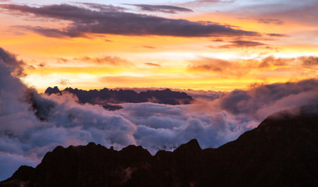 Evening sunset cloudscape view from Peruvian Andes, Choquequirao trekking trail