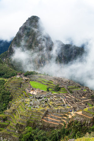 Machu Picchu, panoramic view of peruvian incan town, unesco world heritage site, sacred valley,...