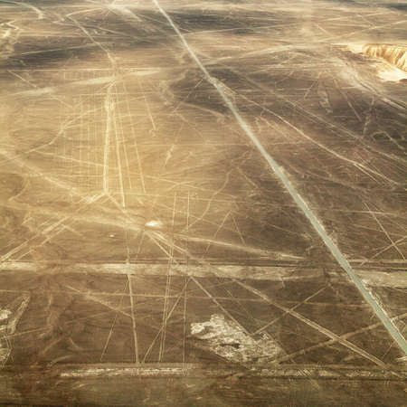 Nazca or Nasca mysterious lines and geoglyphs aerial view, landmark in Peruの写真素材