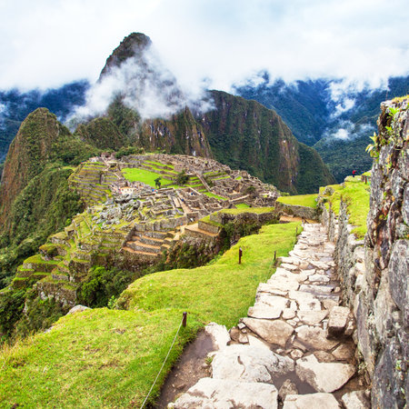 Machu Picchu, panoramic view of peruvian incan town,    site, sacred valley, Cusco region, Peruの写真素材