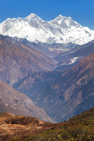 view of Mount Everest, Nuptse rock face, Mount Lhotse and Lhotse Shar from Kongde - Sagarmatha national park - Nepalの写真素材