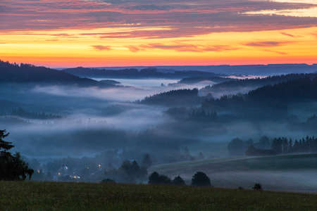 Morning evening panoramic sunset view of beautiful sky from Bohemian and Moravian highland near Krasne villageの写真素材