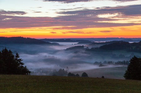 Morning evening panoramic sunset view of beautiful sky from Bohemian and Moravian highland near Krasne villageの写真素材