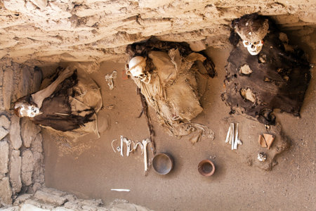 Historical excavations of preinca Nazca or Nasca civilization cemetery of Chauchilla at Nazca area...