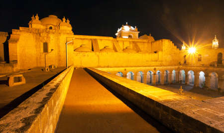 Jesuit Church of the Company of Jesus evening or night view, Iglesia de la Compania, in Arequipa, Peru, South Americaの写真素材