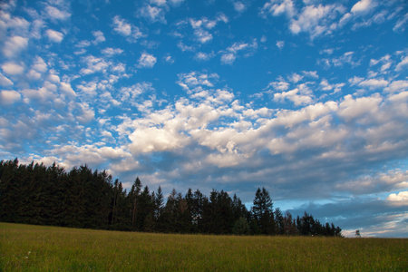 Morning evening panoramic sunset view of beautiful sky from Bohemian and Moravian highland near...