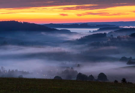 Morning evening panoramic sunset view of beautiful sky from Bohemian and Moravian highland near Krasne villageの写真素材