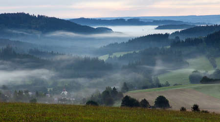 Morning evening panoramic sunset view of beautiful sky from Bohemian and Moravian highland near Krasne villageの写真素材