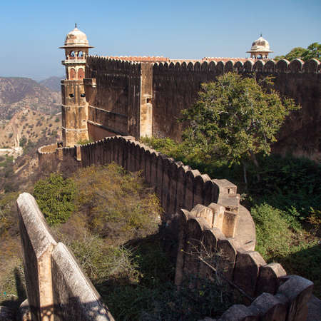Amber or Amer fort near Jaipur city, detail from upper part of fortress, Rajasthan, Indiaのeditorial素材