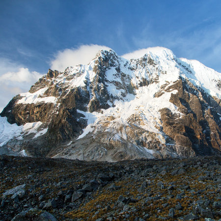 Evening sunset view of mount Salkantay, Andes mountains, Salcantay trek in the way to Machu Picchu, Cuzco area in Peruの写真素材