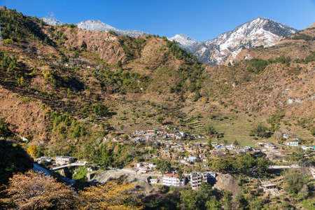 Terraced fields and village near Joshimath town in Uttarakhand India, Indian Himalayas mountainsの写真素材