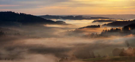 Morning evening panoramic sunset view of beautiful sky from Bohemian and Moravian highland near Krasne villageの写真素材
