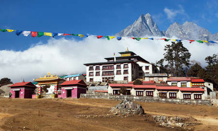 Tengboche Monastery and prayer flags, the best monastery in Khumbu valley, trek to Everest base camp, Sagarmatha national park, Solukhumbu, Nepal Himalayasのeditorial素材