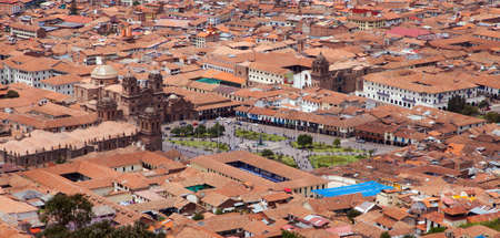 Beautiful view of historic center of Cusco or Cuzco city, Peru, red roofs, Plaza de Armasのeditorial素材