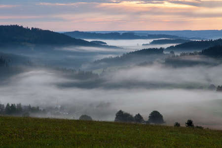 Morning evening panoramic sunset view of beautiful sky from Bohemian and Moravian highland near Krasne villageの写真素材
