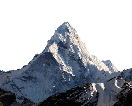 Evening view of Ama Dablam isolated on white sky background, Nepal Himalayas mountainsの写真素材
