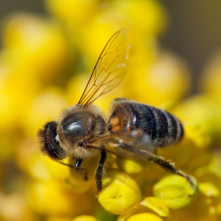 detail of bee or honeybee in Latin Apis Mellifera, european or western honey bee sitting on the...